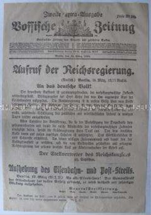 Extra-Ausgabe der Tageszeitung "Vossische Zeitung" mit dem Aufruf der Regierung nach dem Zusammenbruch des Kapp-Putsches