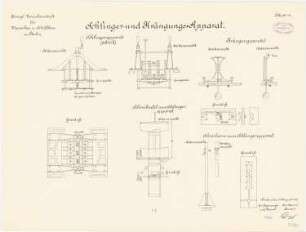 Versuchsanstalt für Wasserbau und Schiffbau, Berlin: Schlinger-Apparat: Grundriss, Seitenansicht, Vorderansicht 1:5, Schreibtafel: Grundriss, Seitenansicht 1:5, Krängungsapparat: Grundriss, Seitenansicht, Vorderansicht 1:5