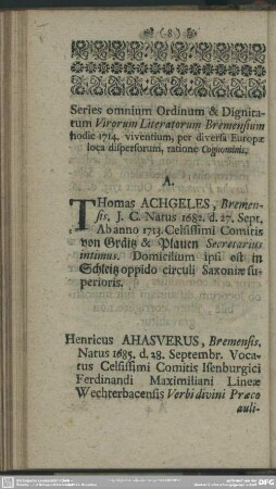 Series omnium Ordinum & Dignitatum Virorum Literatorum Bremensium hodie 1714. viventium, per diversa Europae loca dispersorum, ratione Cognominis