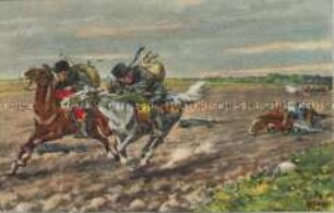 Antirussische Postkarte mit angreifenden Artilleriesoldaten