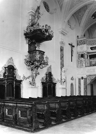 Mödingen. Dominikanerinnenkloster Maria Mödingen. Klosterkirche Mariä Himmelfahrt (1716-1718; D. Zimmermann). Inneres mit Kanzel