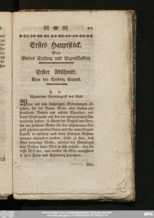 Erstes Hauptstück. Von Gottes Existenz und Eigenschaften.