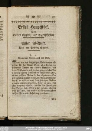 Erstes Hauptstück. Von Gottes Existenz und Eigenschaften.