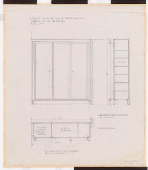 Preußischer Landtag, Berlin Umbau zum »Haus der Flieger«: Akademie für Luftfahrtforschung, Lesezimmer (Regal): Ansicht, Schnitt, Grundriss 1:10