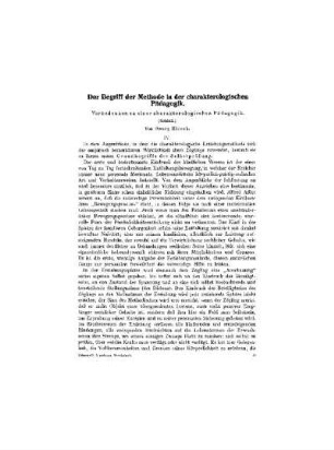Der Begriff der Methode in der charakterologischen Pädagogik : Vorbedenken zu einer charakterologischen Pädagogik ; (Schluß)