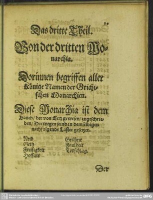 Das dritte Theil. Von der dritten Monarchia. Dorinnen begriffen aller Könige Namen der Grichischen Monarchien