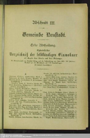 Erste Abtheilung. Einwohnerverzeichnis : Erste Abtheilung. Alphabetisches Verzeichniß der selbständigen Einwohner