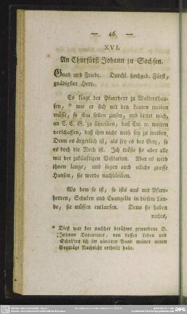 XVI. An Churfürst Johann zu Sachsen