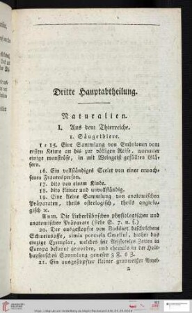 Dritte Hauptabtheilung. Naturalien (Nr. 15 - 1733)