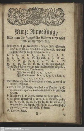 Kurze Anweisung, Wie man die französische Wörter recht lesen und aussprechen kan.