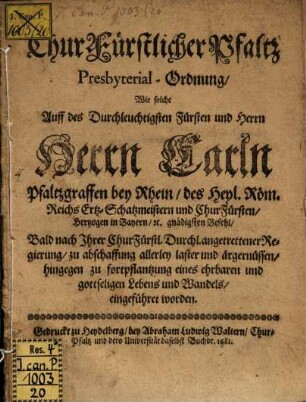Churfürstlich Pfälzische Presbyterial-Ordnung