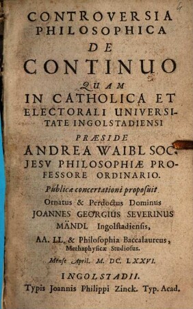 Controversia Philosophica De Continuo