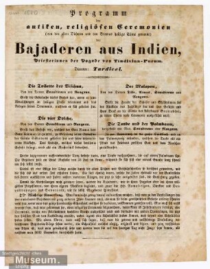 Programm der antiken, religiösen Ceremonien der Bajaderen aus Indien