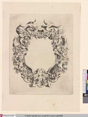 [Kartusche mit Putti und Kindern zwischen Girlanden; Cartouche met kwabornament met twee putti en vier engeltjes]