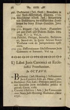 58-74, I.) Libri Juris Canonici... in Octavo. - II.) Libri Juris Naturae Civilis... In Octavo.