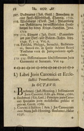 58-74, I.) Libri Juris Canonici... in Octavo. - II.) Libri Juris Naturae Civilis... In Octavo.