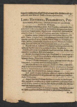 Libri Historici, Philosophici, Philologici, Politici, Geographici Et Aliarum Artium Human.