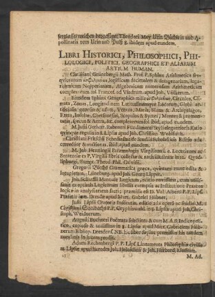 Libri Historici, Philosophici, Philologici, Politici, Geographici Et Aliarum Artium Human.