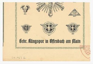 Seite (86?) eines Buches, kirchlicher Motive : Werbung für Gebr. Klingspor in Offenbach am Main, Stempel der Handwerkerschule Bielefeld