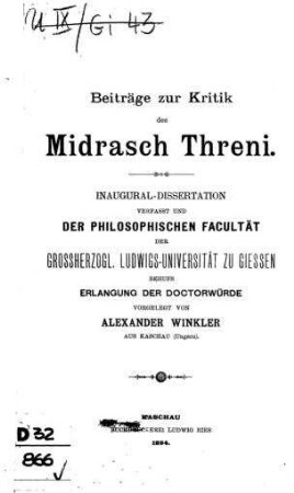 Beiträge zur Kritik des Midrasch Threni / Alexander Winkler