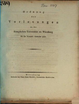 Ordnung der Vorlesungen an der Königlichen Universität Würzburg. 1819, 1819. SS.