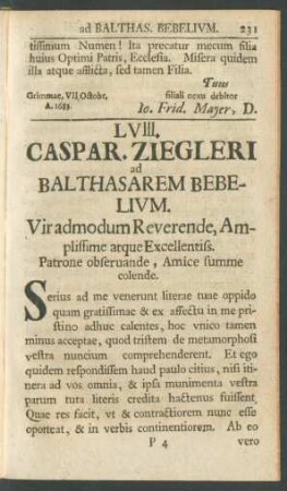 LVIII. Caspar. Ziegleri ad Balthasarem Bebelium