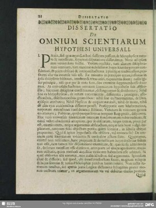 Dissertatio De Omnium Scientiarum Hypothesi Universali