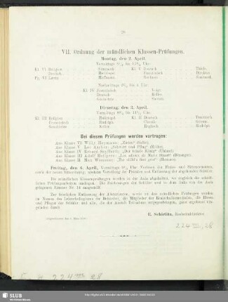VII. Ordnung der mündlichen Klassen-Prüfungen