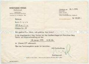 Schreiben von Rechtsanwalt Vogel mit dem Termin der Hauptverhandlung gegen Gabriele Stock - Familienkonvolut