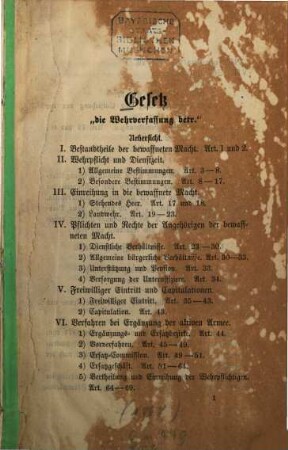 Gesetz "die Wehrverfassung betr." : [Kopftitel]