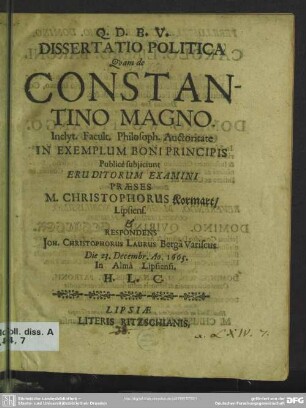 Dissertatio politica quam de Constantino Magno