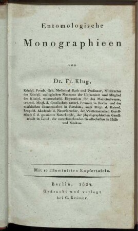 Entomologische Monographien : Mit 10 illuminirten Kupfertafeln