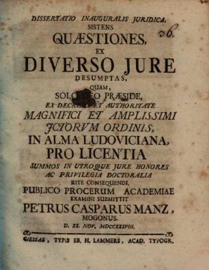 Diss. inaug. iur. sistens quaestiones ex diverso iure desumptas