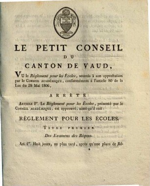 Règlement pour les écoles : Lausanne, 16. octb. 1806