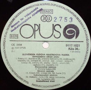 Slovenská l'udová nástrojová hudba Antólogia. Slovak Instrumental Folk Music Anthology. Platte 1