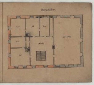 Nürnberg, Sankt Johannis, Schloss, Mezzanin, Grundriss : Nürnberg, Sankt Johannis, Schloss, Grundriss des Mezzanin mit Raumbezeichnungen und farbiger Kennzeichnung von Baubestand (rot) und Planung (blau), unbekannter Zeichner, 1649. Feder, Pinsel in Wasserfarbe/Papier. 31,7 x 37,1 cm. Bez.: "Der Vierdte Boden."