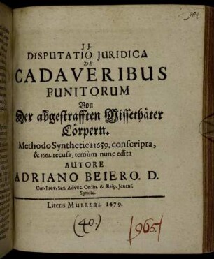 Disputatio Iuridica De Cadaveribus Punitorum