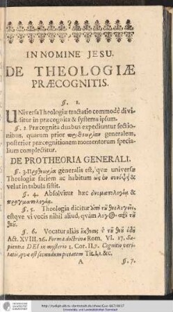 IN NOMINE JESU. DE THEOLOGIAE PRAECOGNITIS.