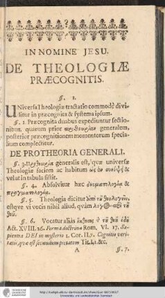 IN NOMINE JESU. DE THEOLOGIAE PRAECOGNITIS.