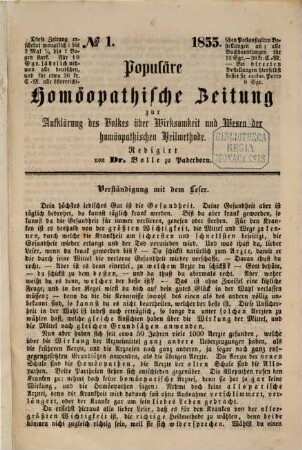 Populäre homöopathische Zeitung : zur Aufklärung des Volkes über Wirksamkeit und Wesen der homöopathischen Heilmethode. 1, 1. 1855