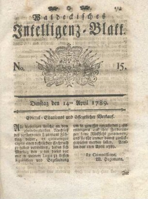No. 15, Dinstag den 14ten April 1789