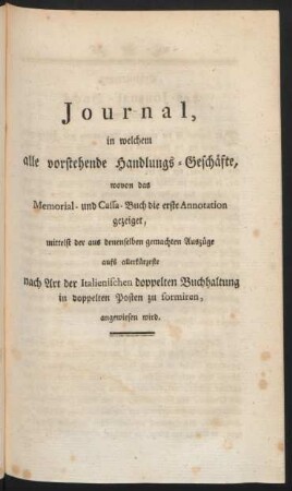 Journal, in welchem alle vorstehende Handlungs-Geschäfte, ... nach Art der Italienischen doppelten Buchhaltung in doppelten Posten zu formiren, angewiesen wird.