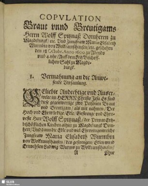 I. Vermahnung an die Anwesende Versamlung