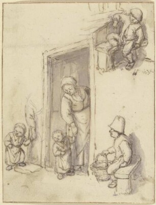 Studienblatt: Eine Mutter und ihre Tochter in der Haustür, ein Mädchen an der Hand der Mutter, und zwei sitzende Jungen