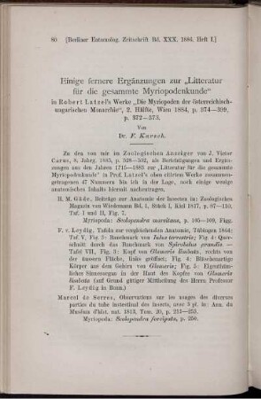 Einige fernere Ergänzungen zur "Litteratur für die gesammte Myriopodenkunde"