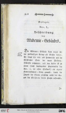 Beylagen. Nro. I. Beschreibung des Akademie-Gebäudes