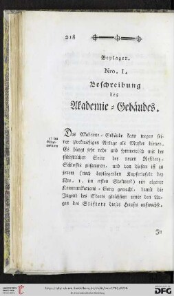 Beylagen. Nro. I. Beschreibung des Akademie-Gebäudes