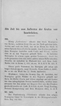 Alte Zeit bis zum Auftreten der Grafen von Saarbrücken.