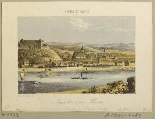 Stadtansicht von Pirna mit dem Sonnenstein und der Marienkirche von Nordosten über die Elbe