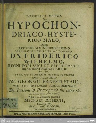Dissertatio Medica, De Hypochondriaco-Hysterico Malo